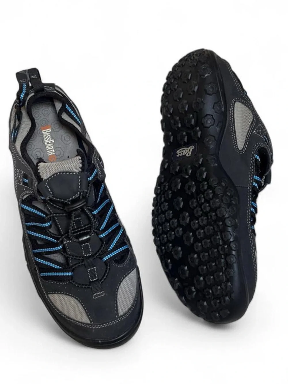 Bass Earth Sport Sandals Water Shoes Black Blue Bungee Strap Size 11/12
